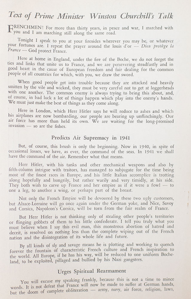 Speech Broadcast by The Prime Minister Mr. Winston Churchill To the People of France October 21, 1940.