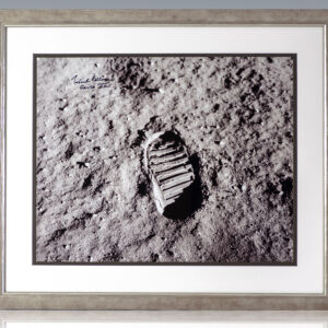 Rare large format photograph of Buzz Aldrin’s footprint on the lunar surface, taken by him on July 20, 1969 as the second person to set foot on the moon. Signed by Aldrin’s co-astronaut Michael Collins.