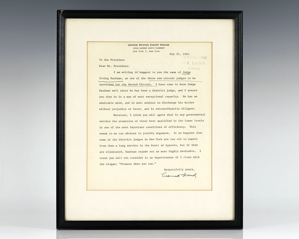 Learned Hand Autographed Signed Letter to President Kennedy.