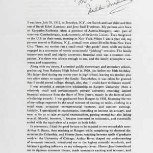 Milton Friedman Signed Nobel Lecture.