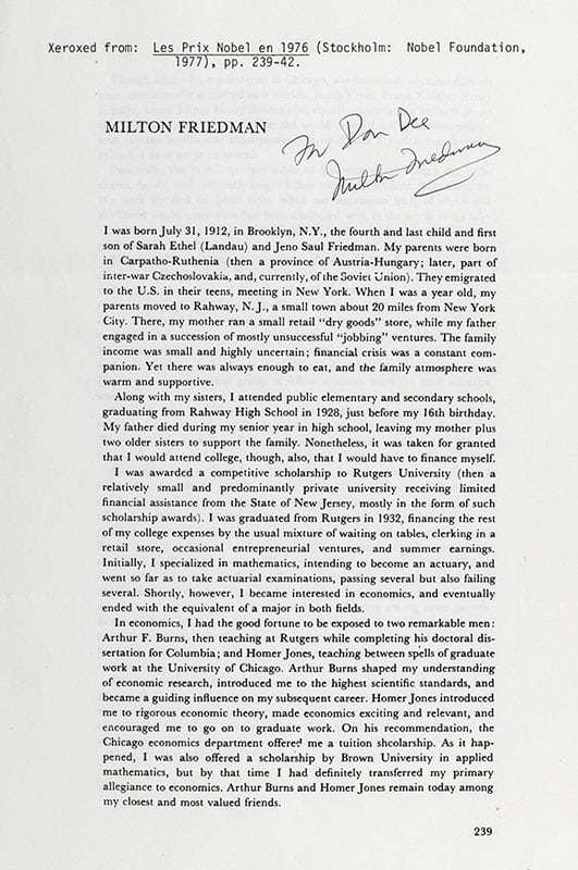 Milton Friedman Signed Nobel Lecture.