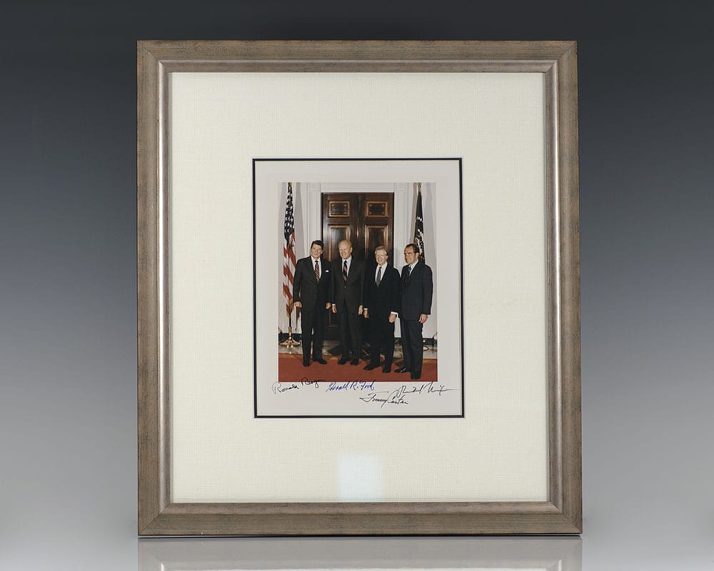 Photograph of Presidents Ronald Reagan, Gerald Ford, Jimmy Carter and Richard Nixon.