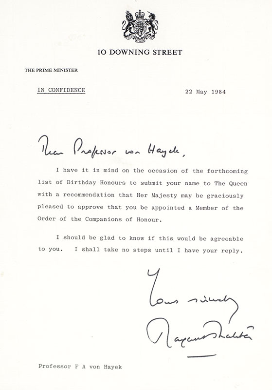 Margaret Thatcher Autograph Letter Signed to Friedrich von Hayek