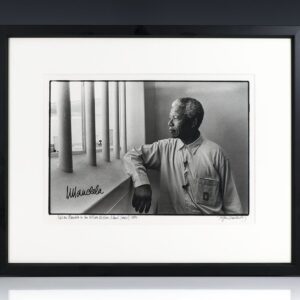 Silver Gelatin Print of Nelson Mandela at Robben Island; signed by Mandela and photographer Jurgen Schadeberg