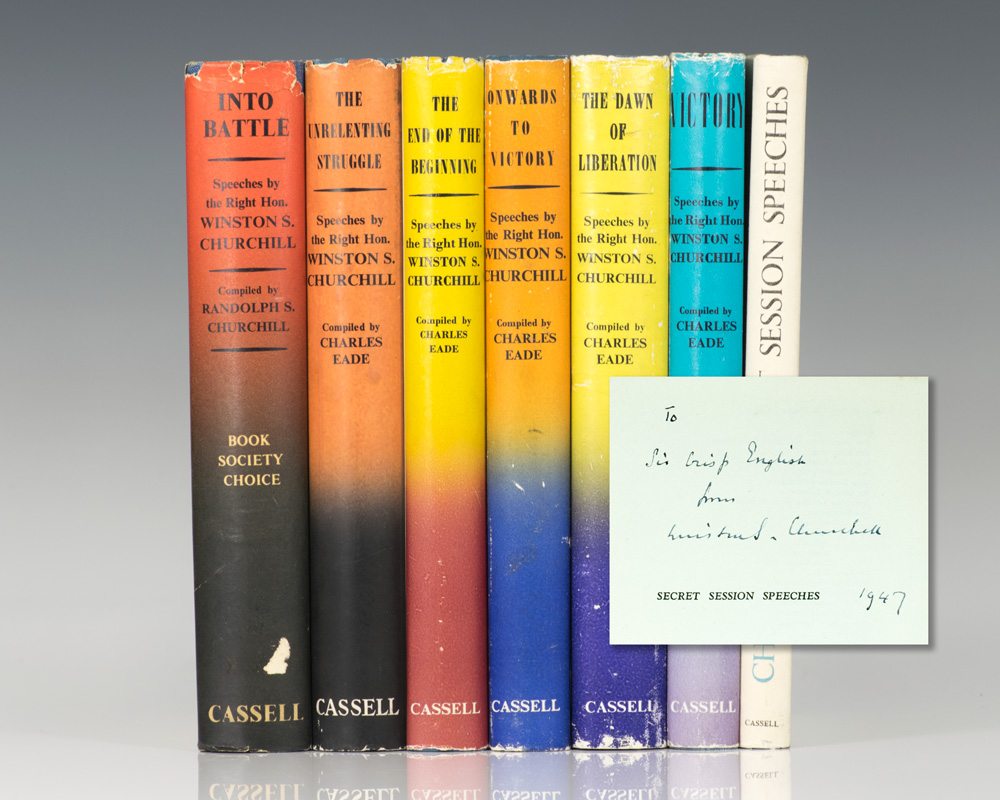 First editions of each volume of Winston Churchill''s War Speeches; Inscribed by him to the surgeon who saved his life