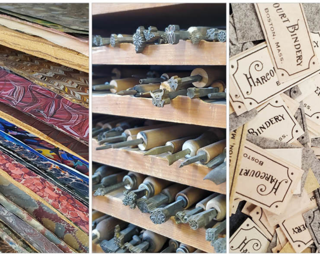 Images of bindery tools and labels. 