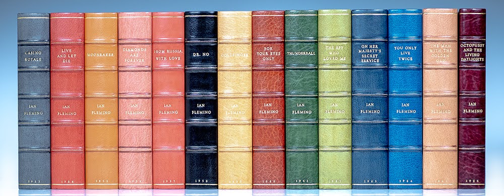 Collection of James Bond books bound by Harcourt Bindery. 