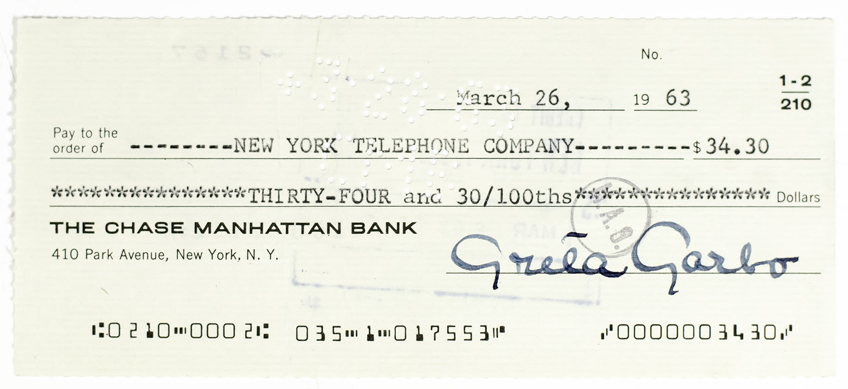Greta Garbo Signed Check.