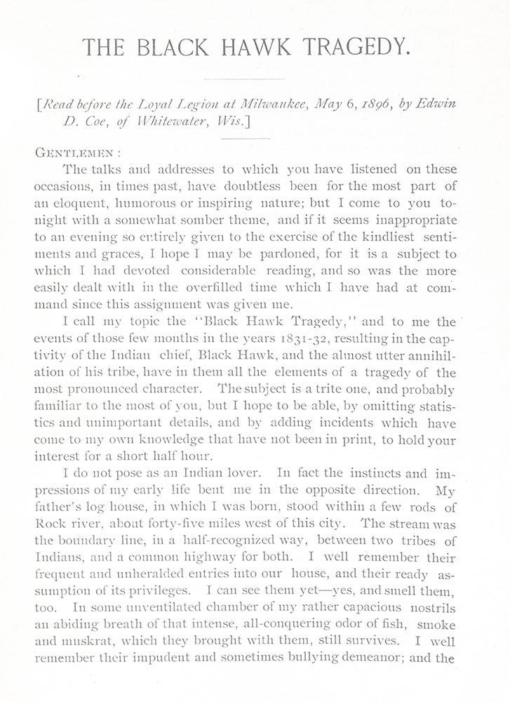 The Black Hawk Tragedy: Read before the Loyal Legion at Milwaukee, May 6, 1896.