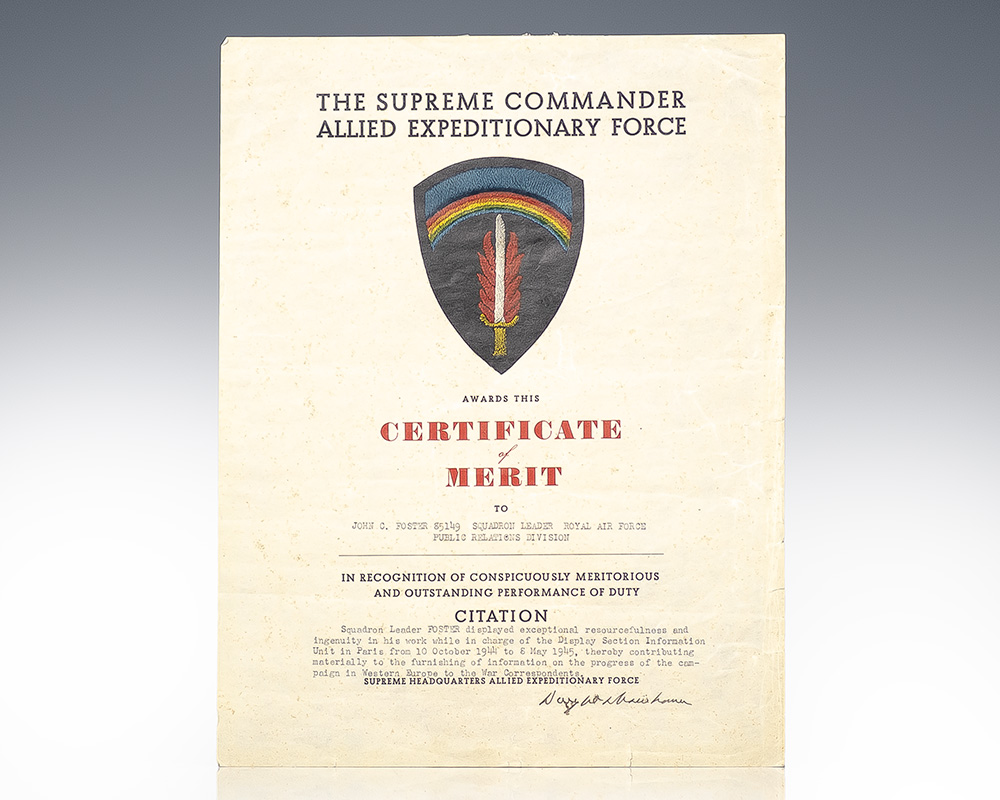 Dwight D. Eisenhower Signed Certificate of Merit & Royal Scroll Honoring Squadron Leader John C. Foster.