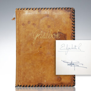 Queen Elizabeth II and King Gustaf VI Adolf Bernadotte Signed Swedish Guestbook from 1956 State Visit.