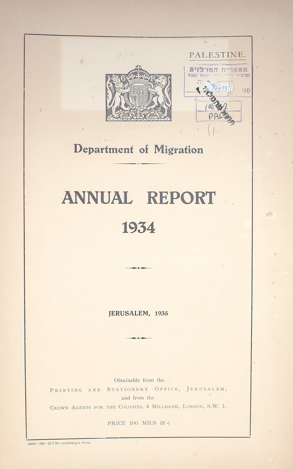 Palestine. Department of Migration. Annual Report 1934.