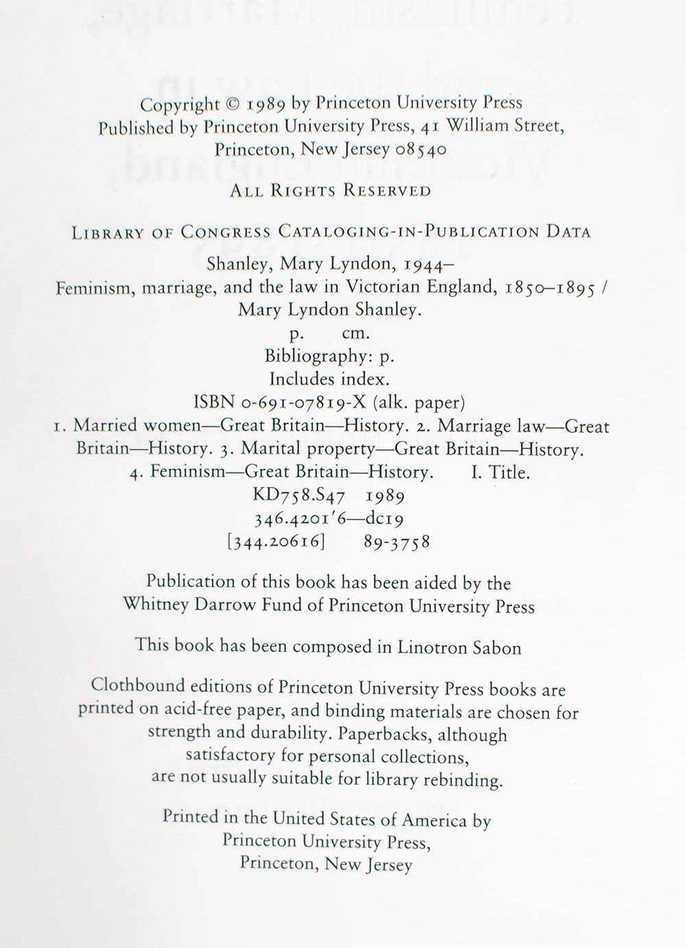 Feminism, Marriage, and the Law in Victorian England, 1850-1895.