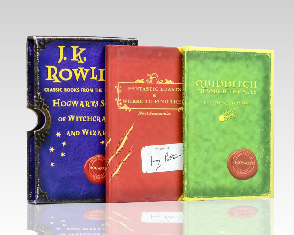 Classic Books from the Library of Hogwarts School of Witchcraft and Wizardry: Quidditch Through the Ages and Fantastic Beasts and Where to Find Them.