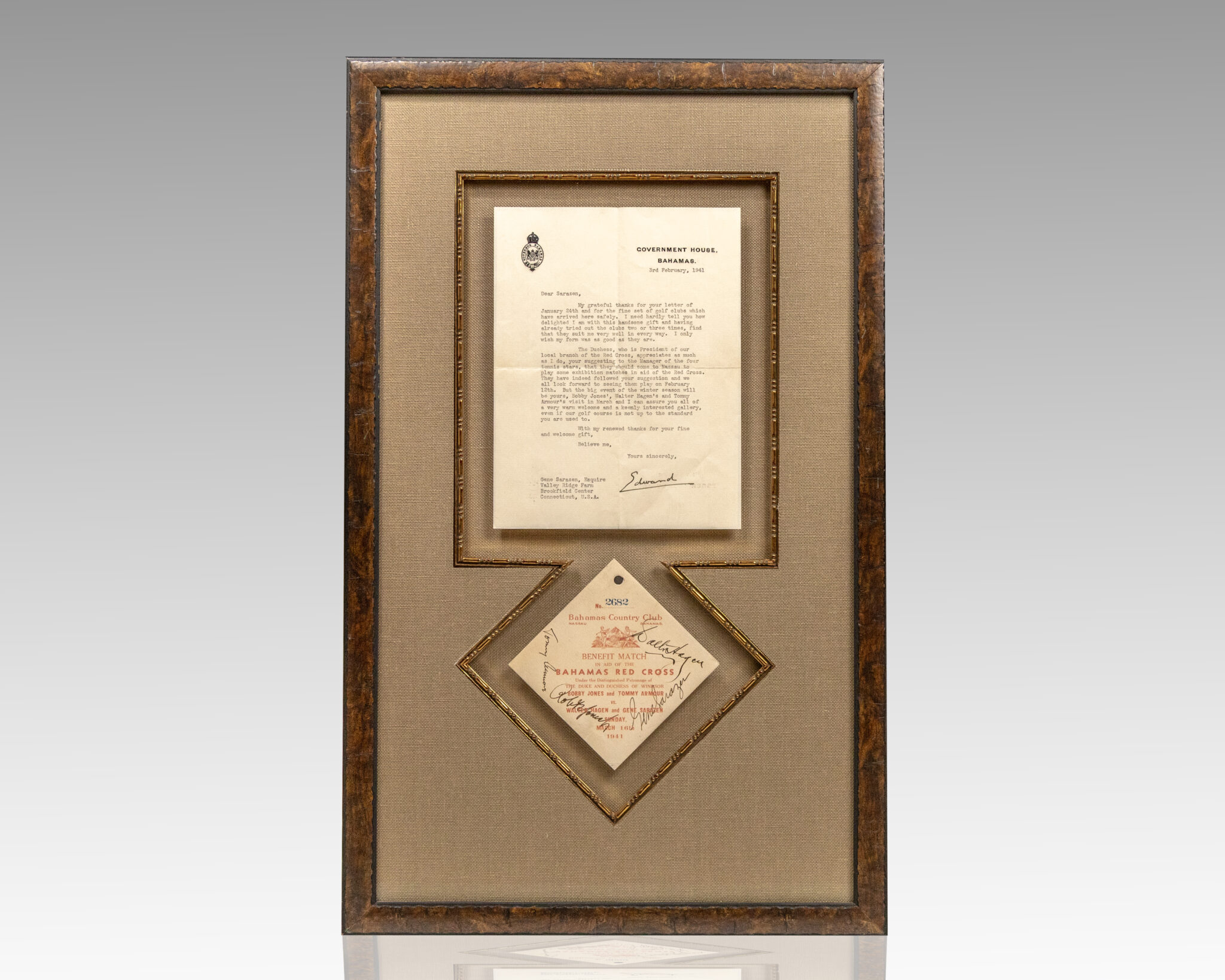 Bobby Jones, Walter Hagan, Gene Sarazen, and Tommy Armour Signed 1941 Bahamas Red Cross Benefit Match Admission Pass. [with] Two Duke of Windsor Typed Letters Signed.