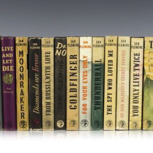 Complete Set of 14 First Edition James Bond Novels: Casino Royale, Live and Let Die, Moonraker, Diamonds are Forever, From Russia with Love, Dr. No, Goldfinger, For Your Eyes Only (short stories including A View to a Kill and Quantum of Solace), Thunderball, The Spy Who loved Me, On Her Majesties Secret Service, You Only Live Twice, The Man with the Golden Gun, Octopussy and The Living Daylights.