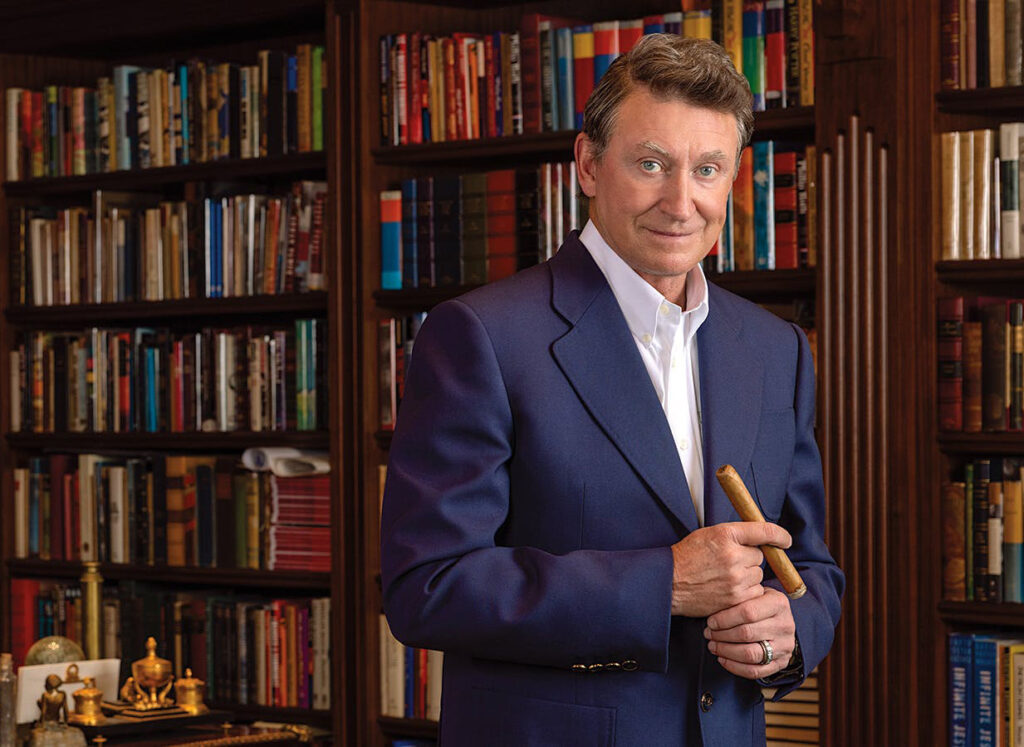 Hockey legend Wayne Gretzky unwinding with a cigar at Raptis Rare Books on Worth Avenue in Palm Beach, Florida. Photo courtesy of Cigar Aficionado.