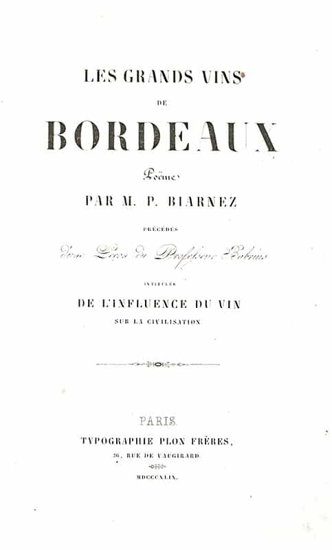 Les Grands Vins de Bordeaux Poeme Par M.P. Biarnez.