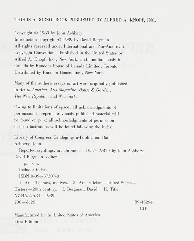 Reported Sightings: Art Chronicles, 1957-1987.