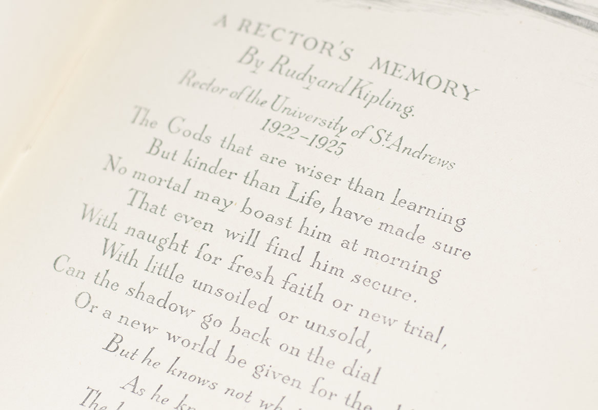 St. Andrews. Two Poems Specially Contributed by Rudyard Kipling, Rector of the University, 1922-25 & Walter de la Mare LL.D., St. Andrews 1923.
