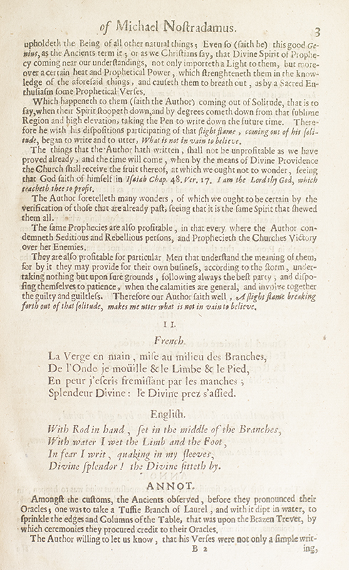 True Prophecies or Prognostications of Michael Nostradamus Physician to Henry II. Francis II. and Charles IX. Kings of France, and one of the best Astronomers that ever were. A Work full of Curiosity and Learning.