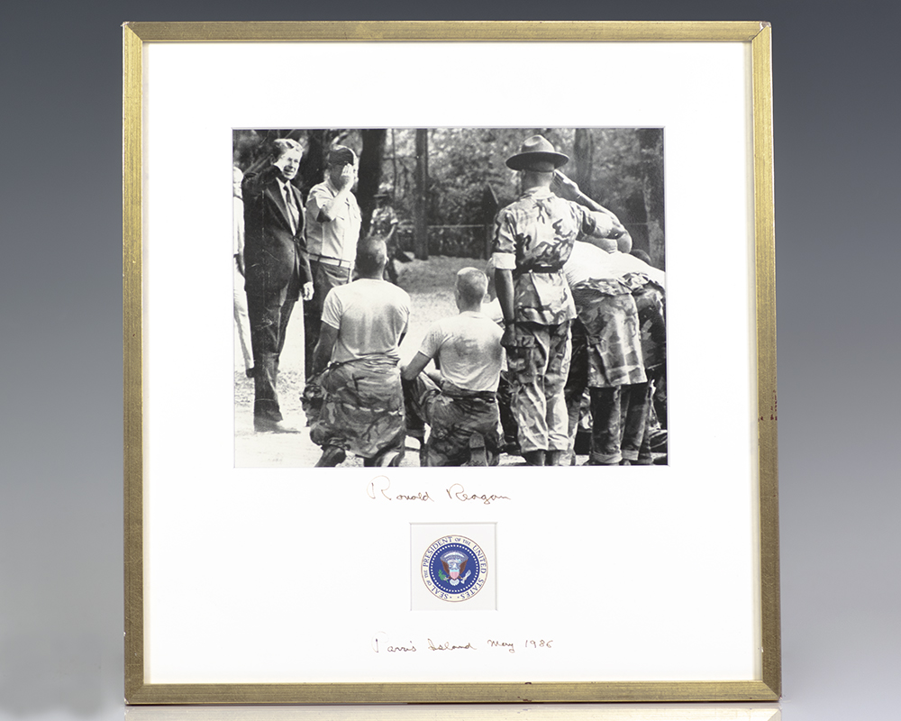 "Parris Island"; Signed Photograph of President Reagan saluting Marines; From the library of Nancy Reagan's Brother