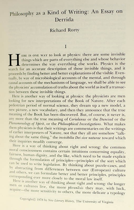 Philosophy as a Kind of Writing: An Essay on Derrida in New Literary History Vol. X.