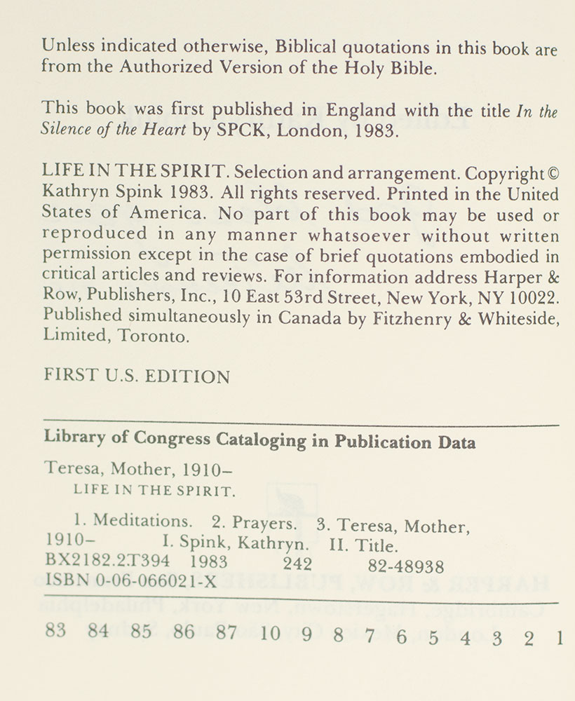 Life in the Spirit: Reflections, Meditations, Prayers. Mother Teresa of Calcutta.