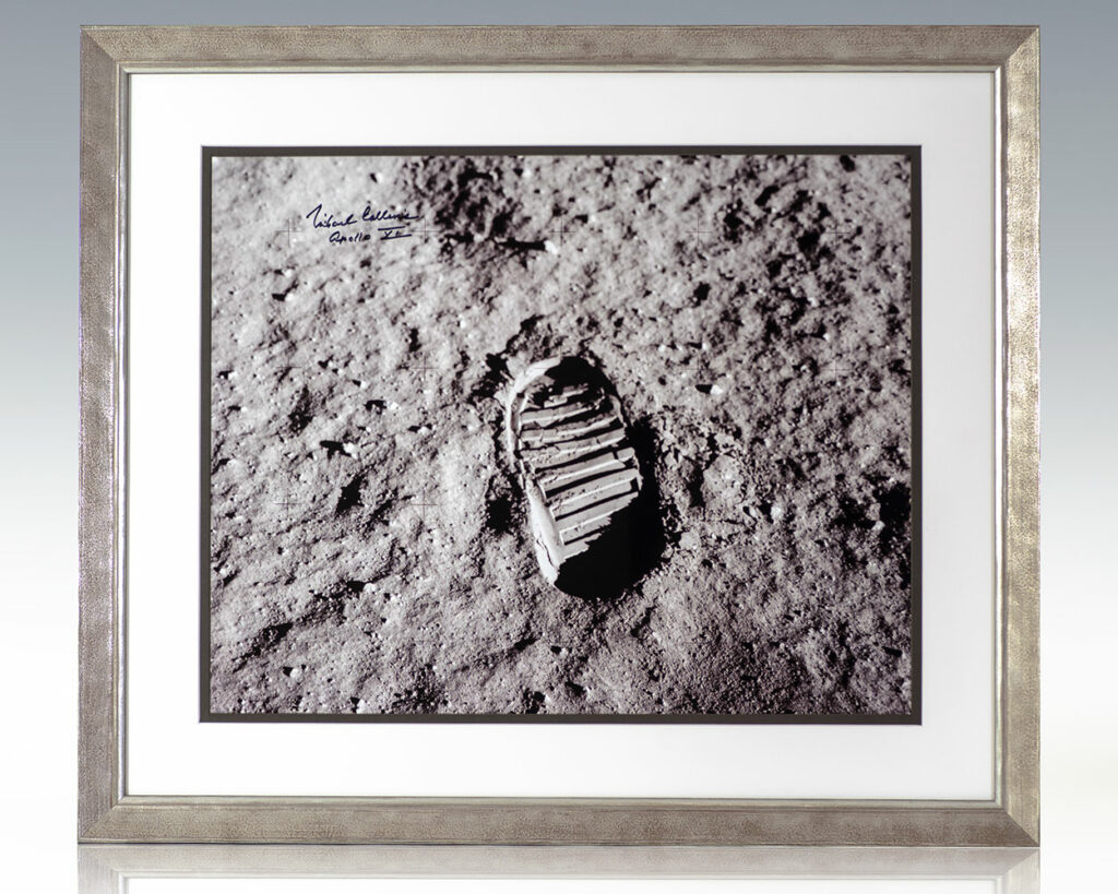 Rare large format photograph of Buzz Aldrin's footprint on the lunar surface, taken by him on July 20, 1969 as the second person to set foot on the moon. Signed by Aldrin's co-astronaut Michael Collins.