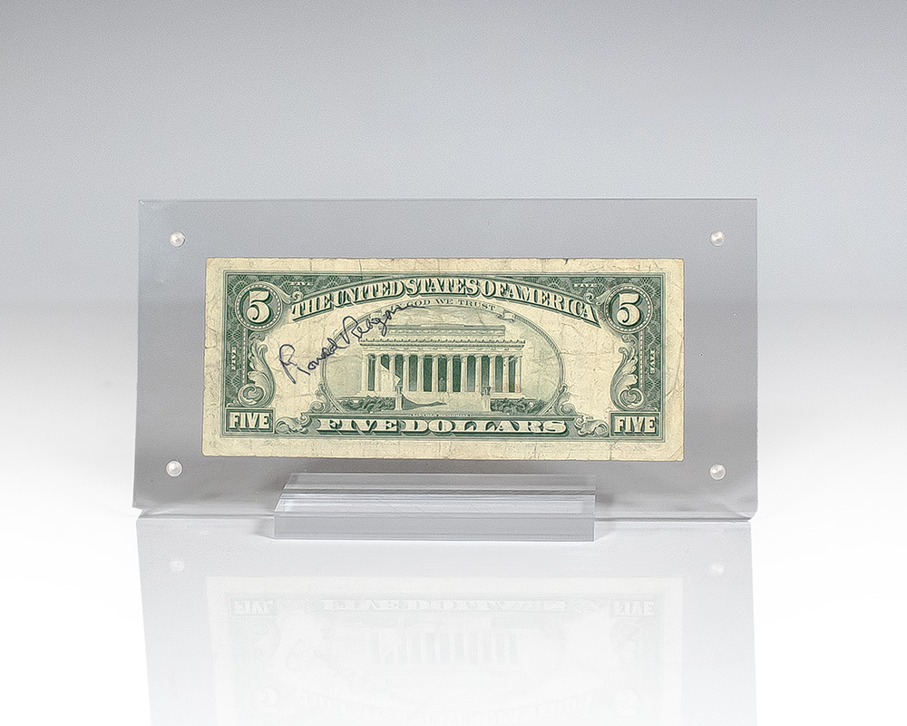 Ronald Reagan Signed Five Dollar Bill.