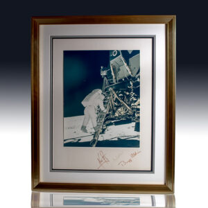 Neil Armstrong, Buzz Aldrin, and Michael Collins Signed Photograph of Descent Onto Lunar Surface.