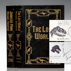 Signed Limited First Editions of Jurassic Park and The Lost World and with an original drawing by legendary designer CHIP KIDD in Each Volume