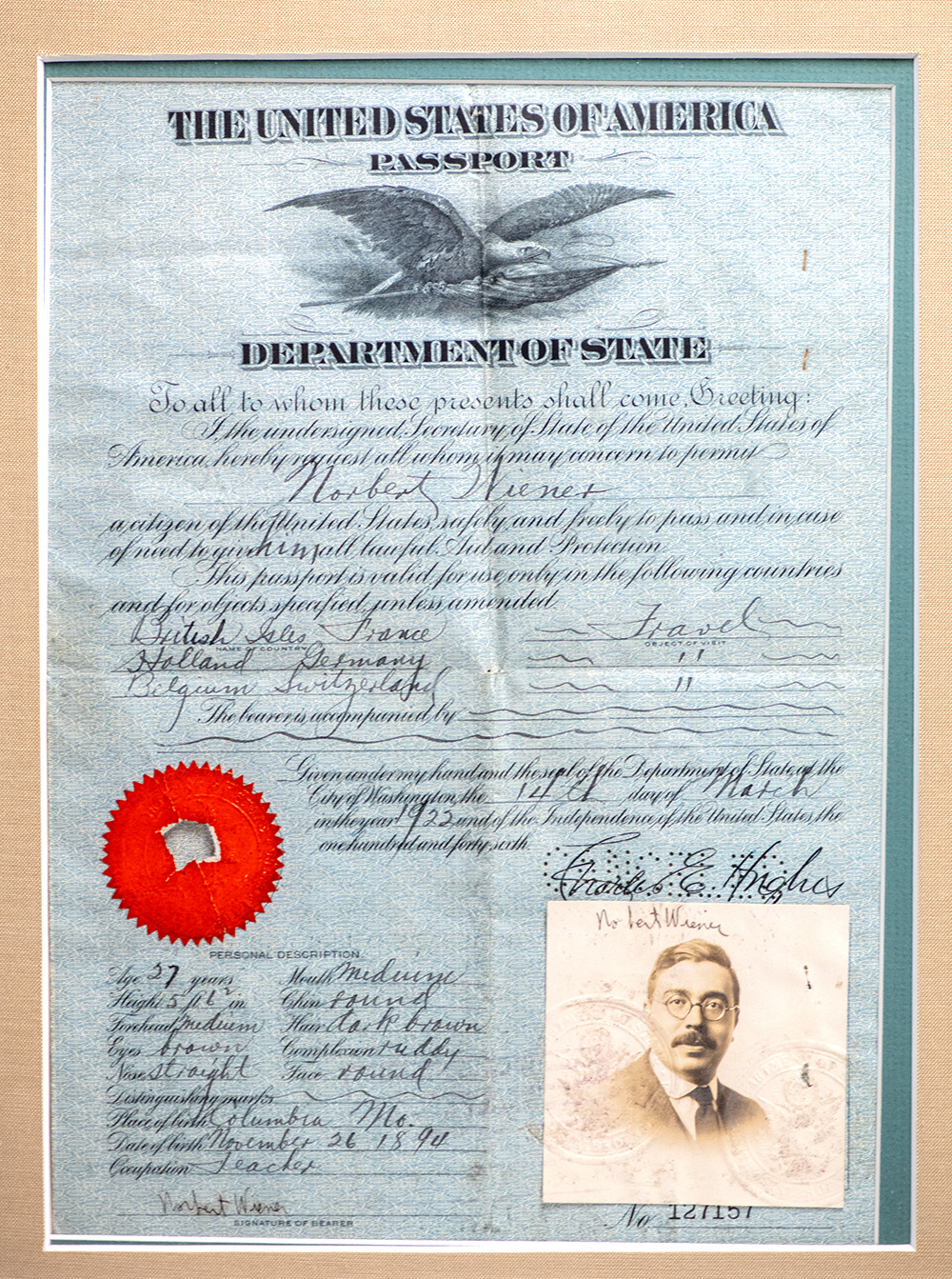 Norbert Wiener Signed Passport and Photograph.