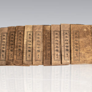 Set of antique Chinese books with brown covers and vertical black title labels.