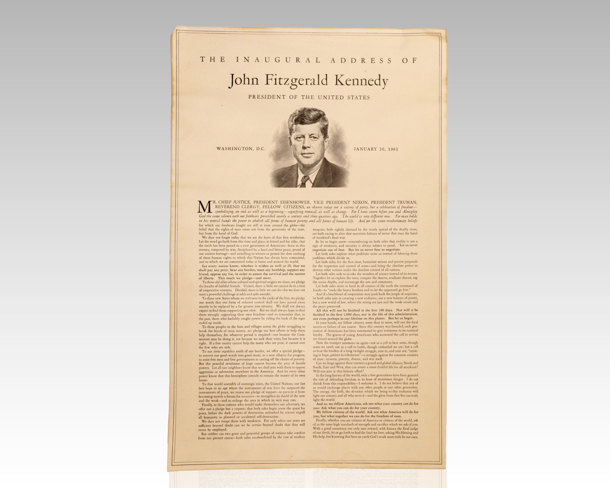 Broadside of The Inaugural Address of John F. Kennedy: President of the United States of America.