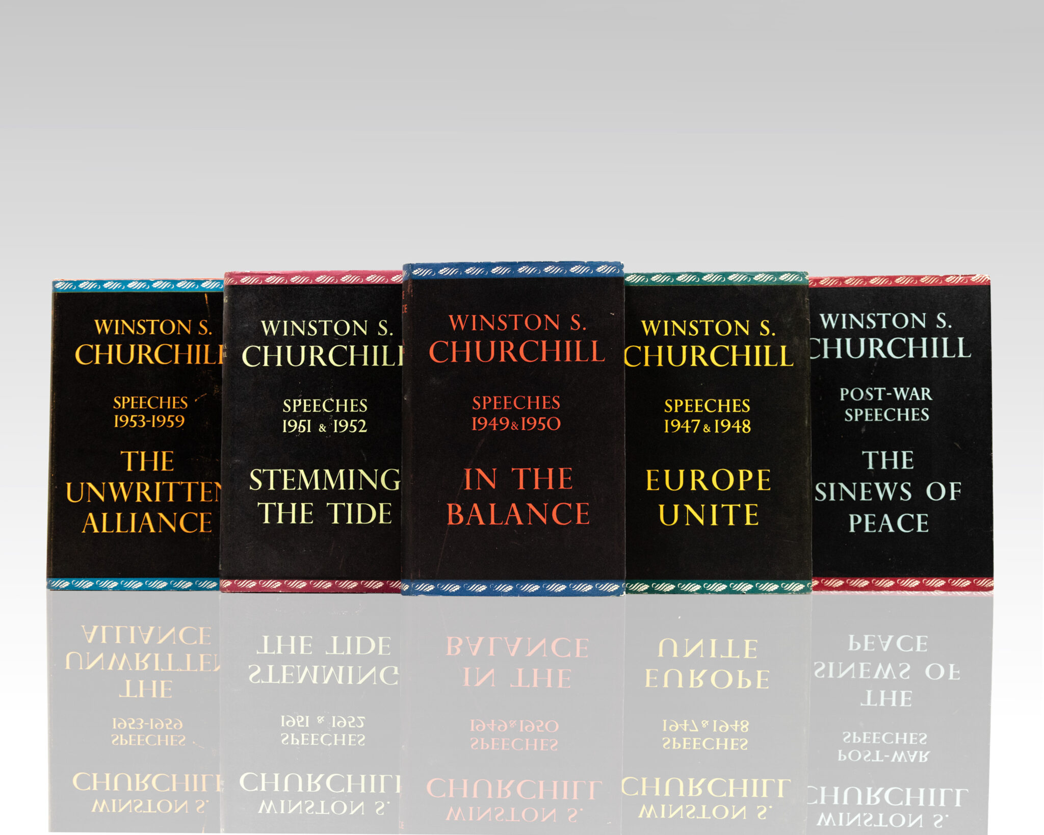 Winston Churchill’s Post-War Speeches: The Sinews of Peace, Europe Unite: Speeches 1947 & 1948, In The Balance: Speeches 1949 & 1950, Stemming the Tide: Speeches 1951 & 1952, The Unwritten Alliance: Speeches 1953-1959.