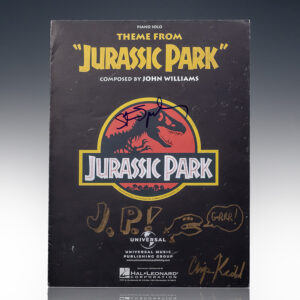 Sheet Music for Jurassic Park; Signed by Director Steven Spielberg and by Chip Kidd with an original drawing