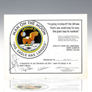 Neil Armstrong, Buzz Aldrin, Michael Collins, and J. E. Davis Signed Apollo 11 Certificate.