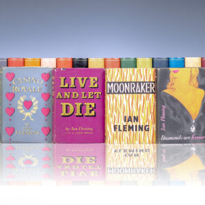 COMPLETE SET OF IAN FLEMING'S JAMES BOND NOVELS; each volume in the RARE ORIGINAL DUST JACKET and housed in a custom half morocco clamshell box by the Harcourt Bindery; including an association copy of Live and Let Die; Signed by Albert R. Broccoli who produced the film adaptation