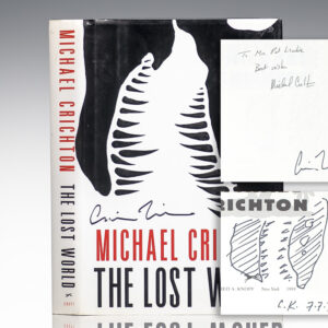 First edition of The Lost World; signed by Michael Crichton and three times by Jacket Designer Chip Kidd and with an original drawing