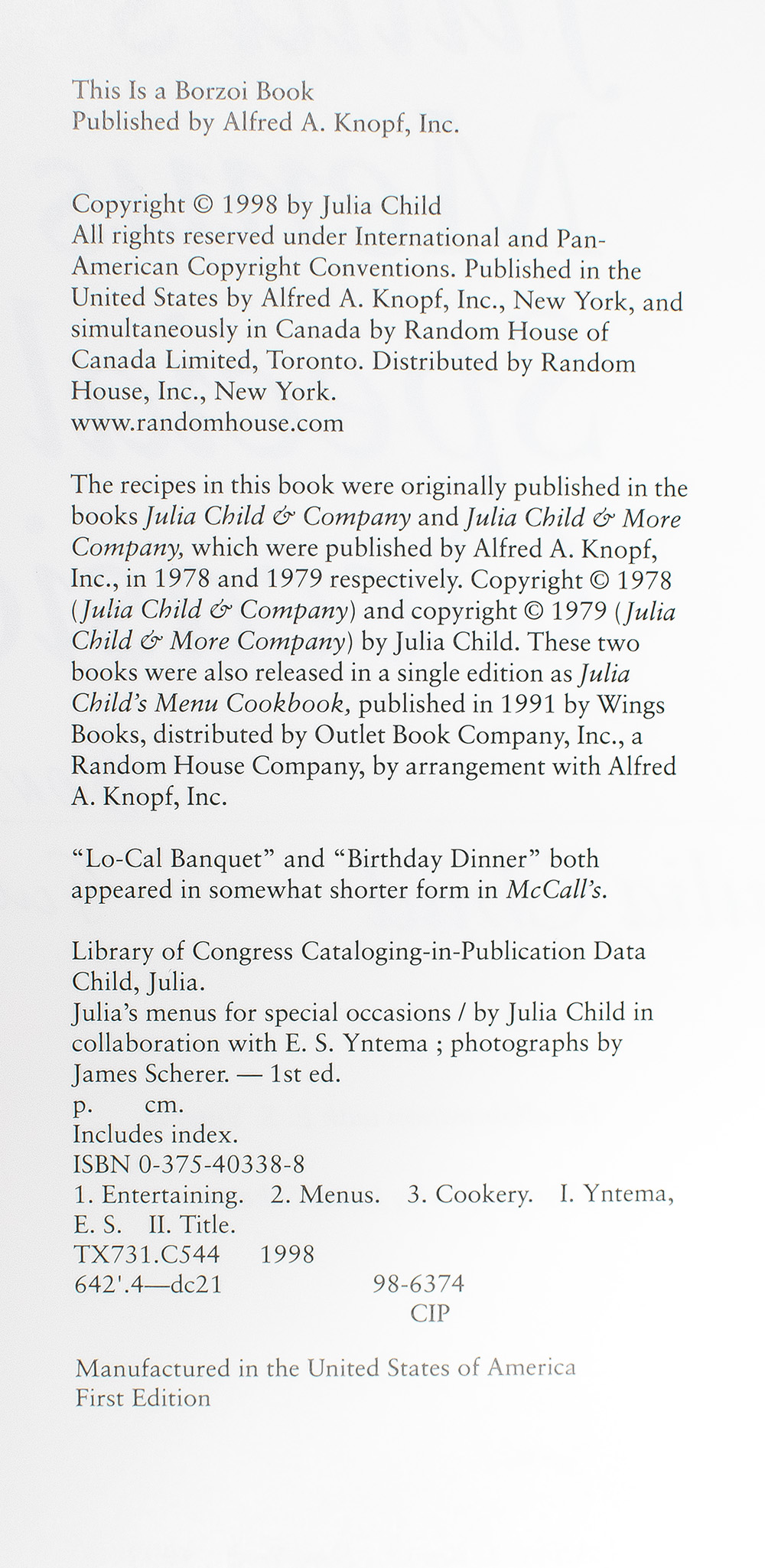 Julia's Menus for Special Occasions.