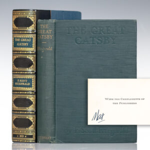 FIRST EDITION OF F. SCOTT FITZGERALD'S THE GREAT GATSBY; with a rare Scribner's 'Compliments of the Publishers' card signed by Fitzgerald's editor Maxwell Perkins