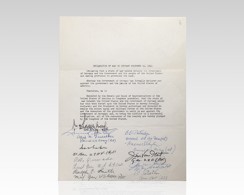 Souvenir Typescript of the "Declaration of War on Germany December 11, 1941" Signed by Eleven World War II Generals.