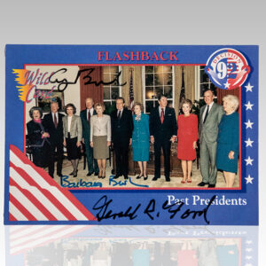 George H.W. Bush, Barbara Bush, and Gerald Ford Signed 1992 Flashback Decision Trading Card.