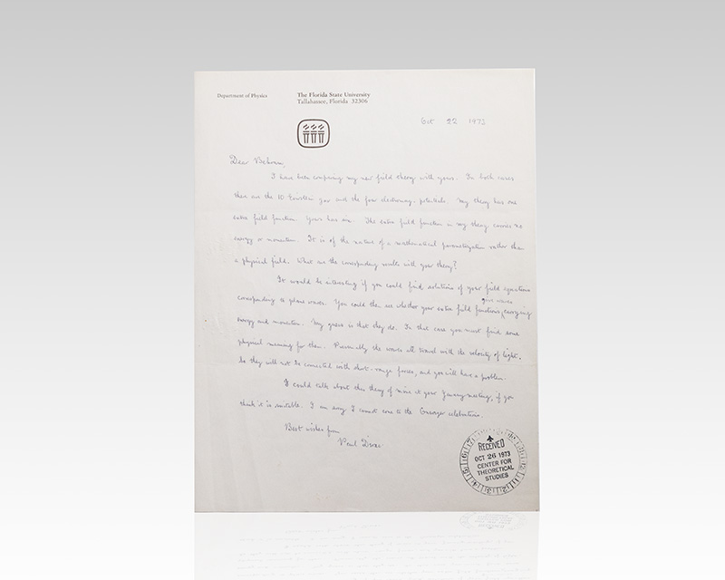 Paul Dirac Autograph Letter Signed.