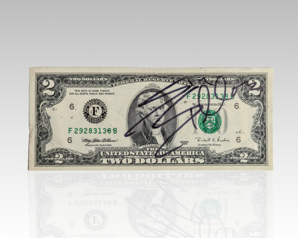 Sylvester Stallone Signed Two Dollar Bill.