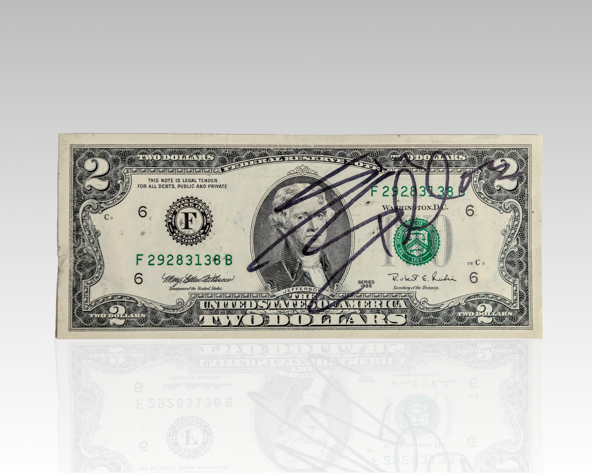Sylvester Stallone Signed Two Dollar Bill.